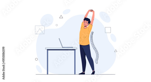 Man stretching at desk with laptop, healthy spine concept