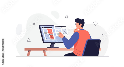 Web designer working on computer, creating user interface, planning website layout
