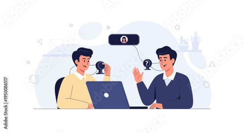 Two men in video call, online communication, remote work, technology concept