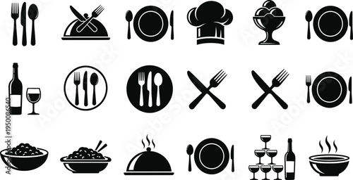 Black Vector Restaurant Icon Set Featuring Cutlery Plates Chef Hat Wine Bottles Food Trays and Dessert Silhouettes for Menu Design Templates
