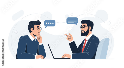 Two businessmen in a meeting, discussing ideas with speech bubbles and a laptop.