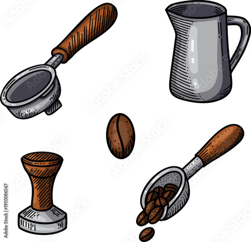 Barista tools illustration set with portafilter, tamper, milk pitcher, coffee scoop, and coffee bean in colorful hand drawn vector style, perfect for cafe branding and menu design