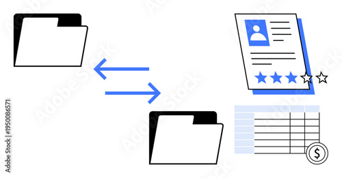 Folder transfer with double arrows, highlighting resume document, ratings, table, and dollar sign. Ideal for workflow, file sharing, recruitment HR performance review finance file management. A