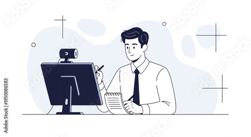 Man working remotely, online meeting, video call, taking notes, computer, webcam, home office