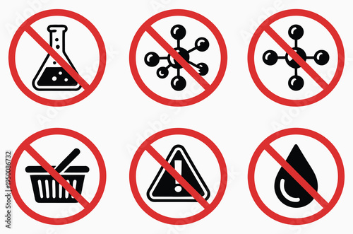 Prohibited, items depicted in warning signs featuring striking symbols, ban and restriction icons, safety and hazard concept, modern flat vector illustration for public spaces, workplaces, apps, 