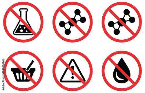 Prohibited, warning sign icon set with striking symbols representing banned items, safety restriction and hazard alerts, clean modern flat vector design