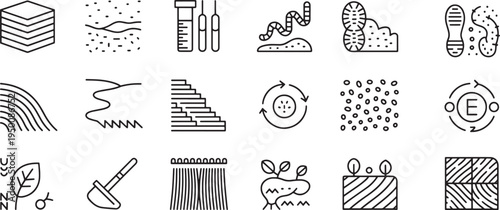 Soil science and regenerative agriculture icons showing earth layers and composting techniques