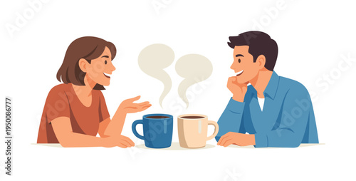 A friendly cafe culture concept illustrating casual conversation and connection during a shared coffee moment, symbolized by two coffee mugs facing each other with soft steam