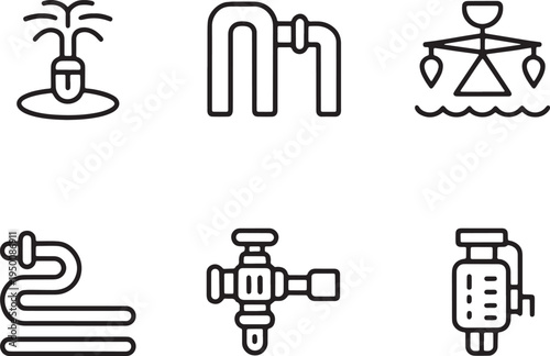 Water distribution and plumbing equipment icons for agricultural irrigation and pipe systems