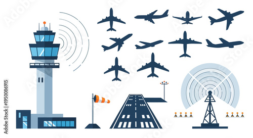 Illustration of an airport control tower with aircraft flying overhead and radar systems, depicting aviation control and management.