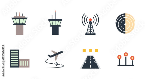 Illustration of various aviation and transportation icons including air traffic control tower, airport tower, flight control tower, and radar system on a clean white background with a