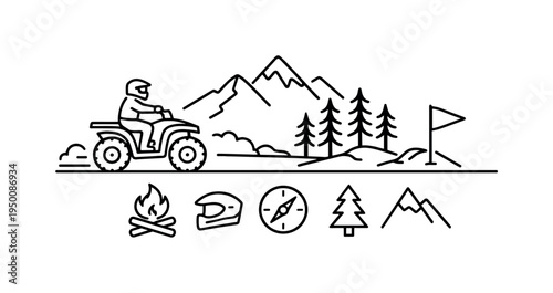 All terrain vehicle recreation and outdoor adventure riding across rugged landscapes and off road trails during leisure travel and exploration, ATV quad bike, helmet, mountain