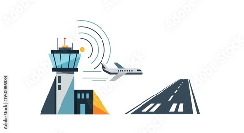 Illustration of an air traffic control tower with a plane flying by and a runway leading to the tower, conveying aviation operations and management.