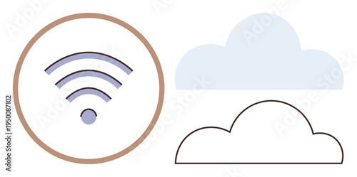 Wireless communication, cloud computing, data storage, networking, IoT, digital solutions. wireless icon inside a circle and two cloud symbols. Wireless communication and cloud computing concept