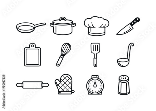 Kitchen cooking utensils: frying pan, cooking pot with lid, chef hat, kitchen knife, cutting board, whisk, spatula turner, ladle spoon, rolling pin, oven mitt glove, kitchen timer