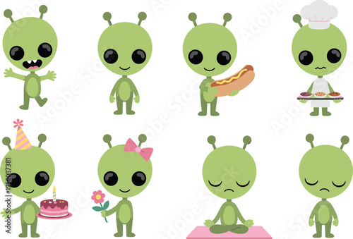 Cute Green Alien Character Vector Set with Various Activities Like Cooking Yoga Birthday and Eating Hotdog
