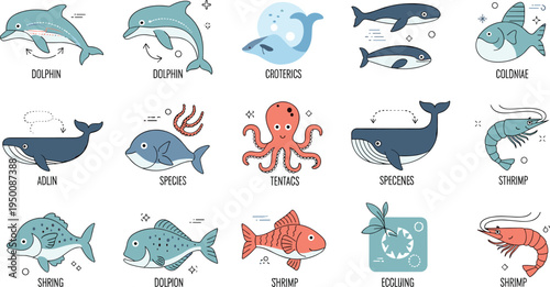 Marine animal icon collection featuring dolphin, whale, octopus, fish and shrimp with minimal flat design, ocean wildlife symbols, aquatic species vector illustration set