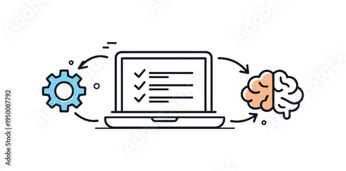 AI powered workflow automation improving efficiency in a modern digital business environment, a laptop connected with a small gear and a simple brain icon forming a clear visual