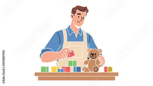 Father Playing With Toys: A father shares a heartwarming moment with his child, playing with colorful toy blocks and a cuddly teddy bear, building memories filled with joy and connection.