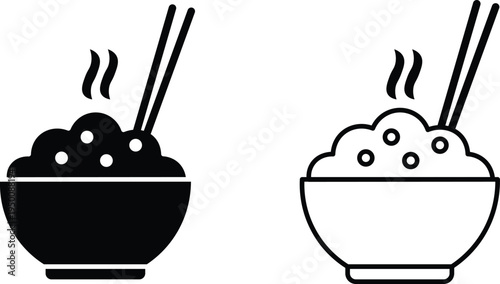 Two minimalist icons depicting steaming bowls of rice with chopsticks, one solid black and one outline.