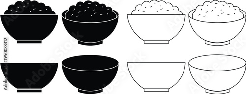 Collection of black and white illustrations featuring bowls, some filled with rice and others empty, presented in both solid silhouette and outline styles.