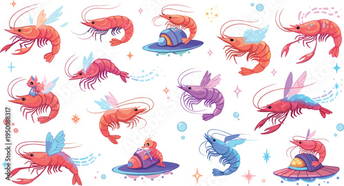 Cute fantasy shrimp character collection with wings, colorful flying prawns, magical underwater creatures and playful cartoon seafood mascots in vibrant imaginative vector illustration set