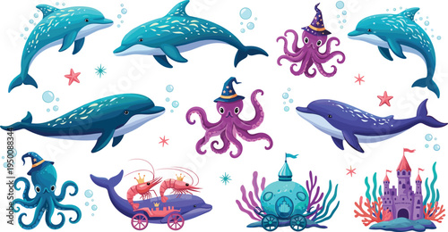 Cute underwater sea creatures illustration set featuring dolphins, octopus, whale and fantasy ocean characters with bubbles, coral and magical elements, colorful marine cartoon vector collection
