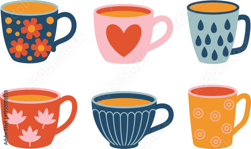 Colorful Patterned Coffee Cup Vector Set with Floral Heart Water Drop and Geometric Decorative Graphic Designs