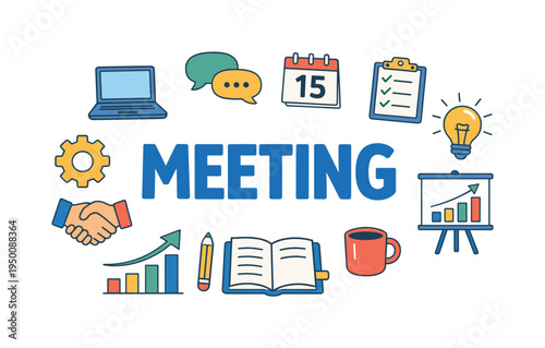 Modern team productivity meeting environment where colleagues discuss ideas, plan tasks, and coordinate responsibilities to achieve shared project goals. MEETING central title