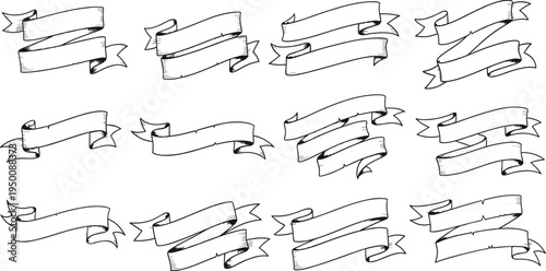 Set of twelve vintage hand drawn ribbon banner vector illustrations with sketch style folds, curves, and decorative tails for design projects