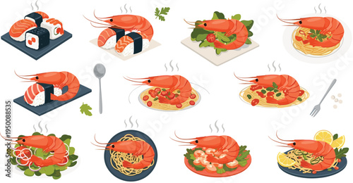 Shrimp seafood dish illustration collection featuring sushi, pasta, salads and gourmet plates with fresh prawns, restaurant menu food icons, delicious cuisine vector set