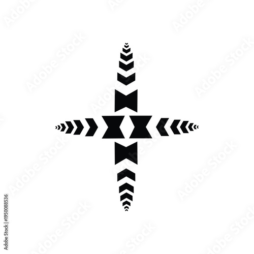 Black geometric cross shape with arrows on white background