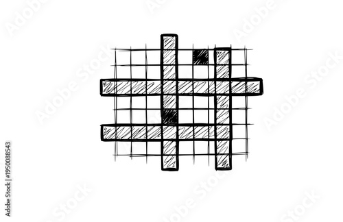 Hand Drawn Messy Crossword Puzzle Silhouette, Authentic Analog Hobby Vector Sticker, Scribbled Logic and Human Touch Illustration