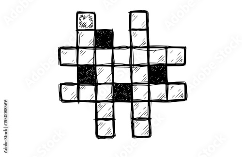 Hand Drawn Messy Crossword Puzzle Silhouette, Authentic Analog Hobby Vector Sticker, Scribbled Logic and Human Touch Illustration