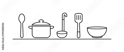 Kitchen cooking utensils supporting food preparation serving and everyday culinary routines in home kitchens, spoon, cooking pot, ladle, spatula, and bowl, practical efficiency and