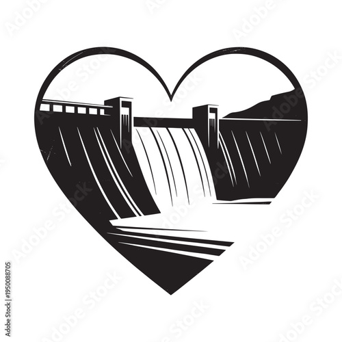 A black and white illustration depicts a dam with flowing water framed within a heart shape symbolizing power