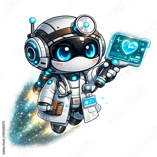 chibi robot doctor with health scanner, cute robot doctor illustration, kawaii medical robot character, adorable chibi healthcare robot art, futuristic robot medic graphic, friendly robot with health 