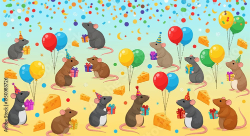 Mice celebrate party with colorful balloons and confetti on sandy beach background