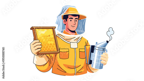 A Beekeeper's Devotion: A dedicated beekeeper, adorned in protective gear, tends to a honeycomb, with a smoker in hand, symbolizing the intricate art of beekeeping.