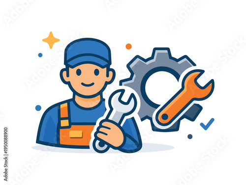 Professional technician role focused on maintaining machines and ensuring smooth operational performance, a worker holding a wrench beside a gear icon forming a clear visual