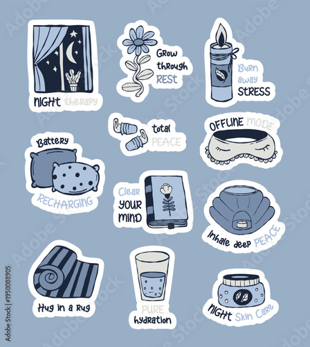 Self Care and Sleep Hygiene Sticker planner Set. Mental Health Quotes with Cozy Blue Doodles. Isolated Night Routine hand-drawn with Phrases. Vector Illustration