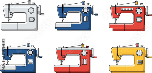 Vector illustration set of sewing machines featuring colorful designs, stitch selectors, thread spools, knobs, and textile craft equipment.