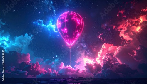 Neon Balloon Ascending Through a Dreamlike Sky - A Vibrant Fantasy.