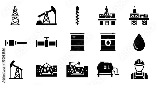 Oil Industry Icons - Drilling Rigs, Pipelines, and Storage Tanks.