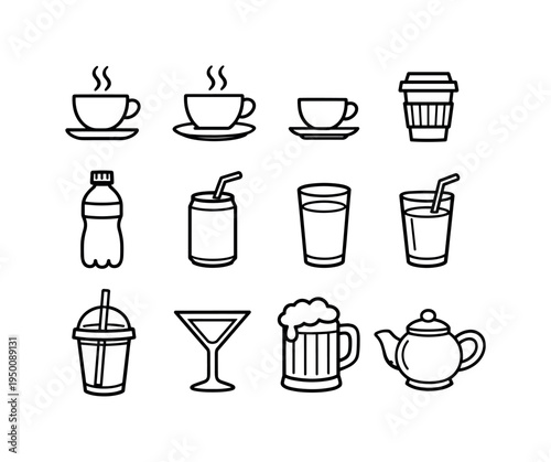 Hot and cold beverages: steaming coffee cup, tea cup with steam, espresso cup, takeaway coffee cup with lid, water bottle, soda can with straw, milk glass, juice glass with straw