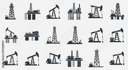 Collection of Oil Rigs and Pumpjacks in Silhouette Style.