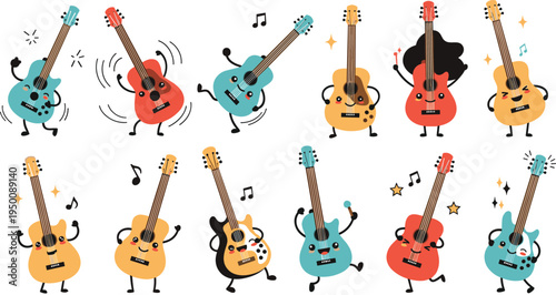 Cute cartoon guitar characters dancing and playing music with funny expressions, colorful acoustic instruments with arms and legs, playful mascot style musical vector illustration set