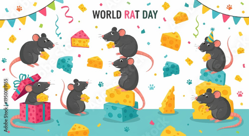 Whimsical rats celebrating world rat day with colorful confetti and cheese