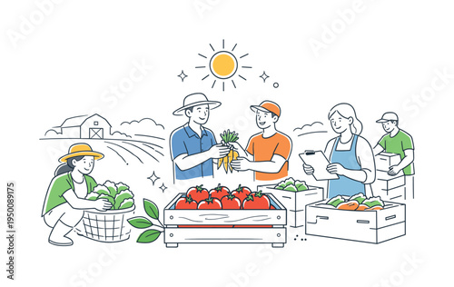 A farm harvest scene where growers collect fresh vegetables and organize produce for market distribution after a successful growing season, using a clear visual metaphor of ripe