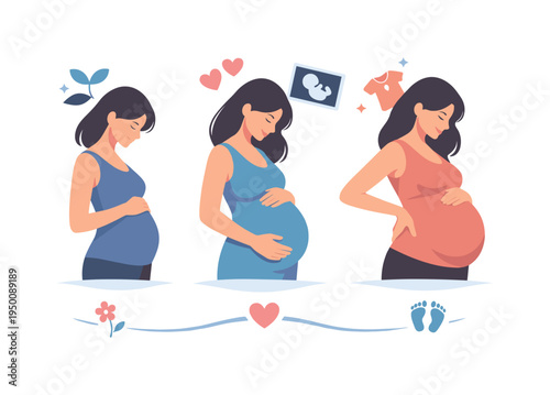 A maternity and prenatal development concept illustrating the physical changes during pregnancy and the nurturing journey toward childbirth, symbolized by three pregnant female